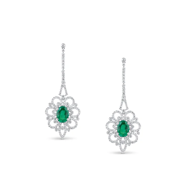 Tribal coin earrings-Emerald Oval & Diamond Earring In 18K White Gold