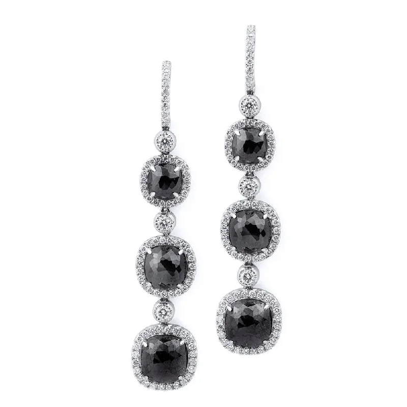 Braided strand earrings-Triple Drop Cushion Black Diamond Earrings