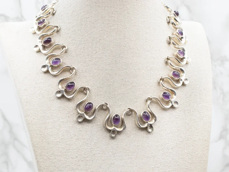 Pulsar star necklaces-Sterling Silver Bold Amethyst Tulip-Link Collar Necklace