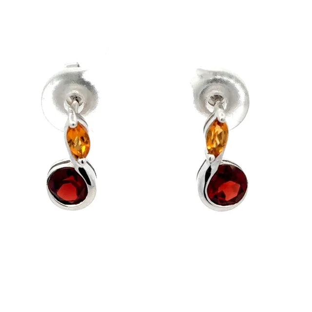 Braided strand earrings-Sterling Silver Garnet & Citrine Earrings