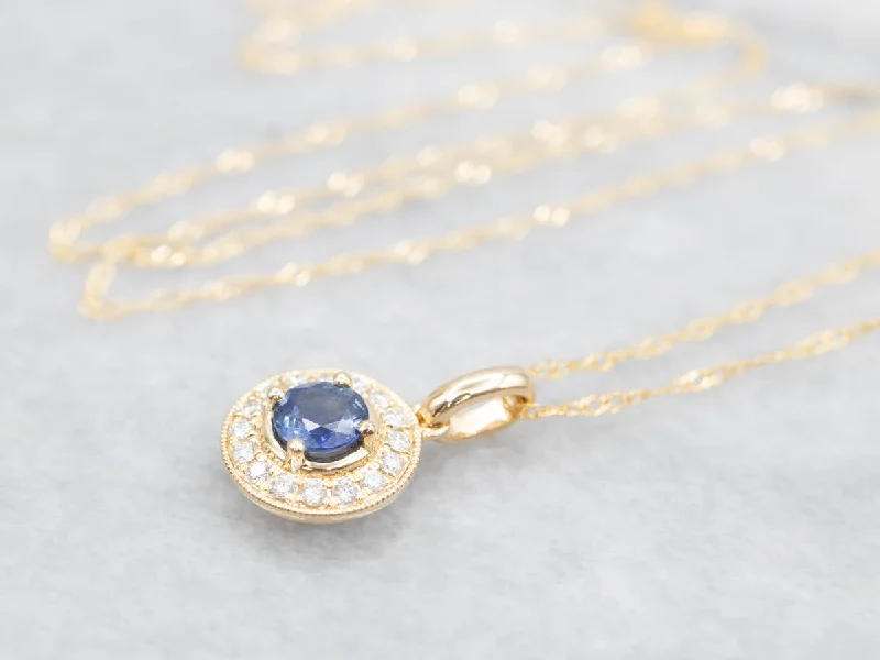 Andalusite necklaces-Sapphire and Diamond Halo Pendant Necklace