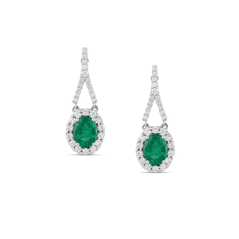 Oval stud earrings-Emerald Oval & Diamond Earring In 18K White Gold