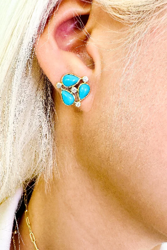 Stone-woven earrings-Turquoise Pear shape & Diamond Earring In 18K Yellow Gold