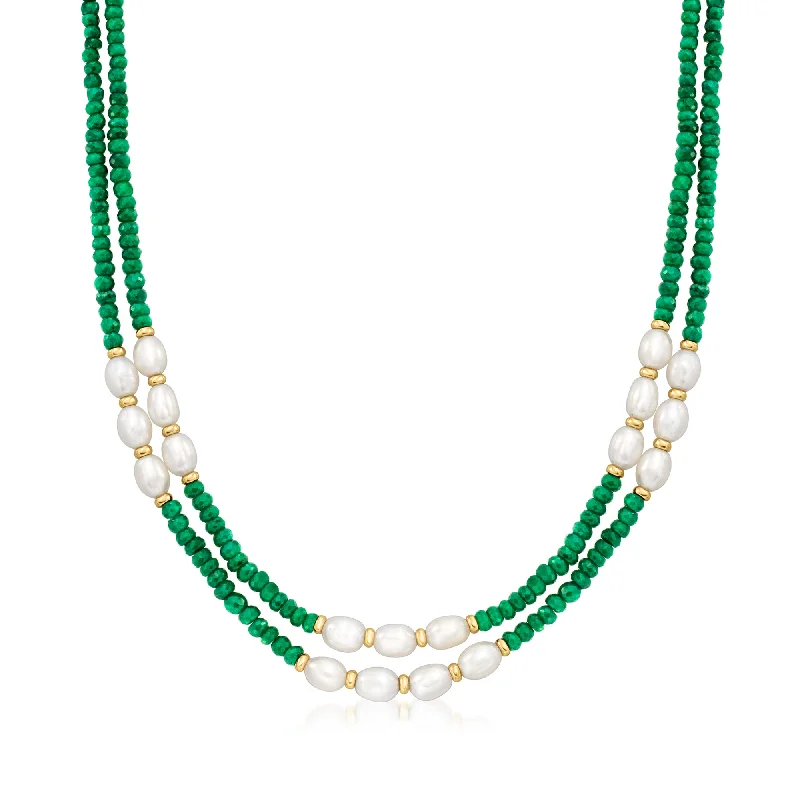 Stretchy cord necklaces-Ross-Simons 4-5mm Emerald Bead and 7-8mm Cultured Pearl 2-Strand Necklace With 14kt Yellow Gold