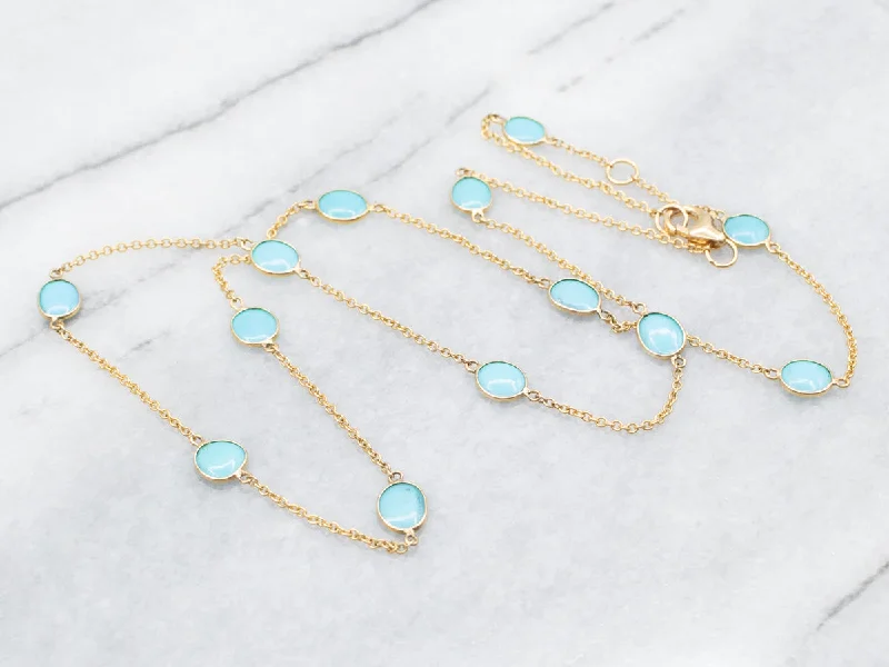 Tight clasp necklaces-Bezel Set Turquoise Station Link Necklace