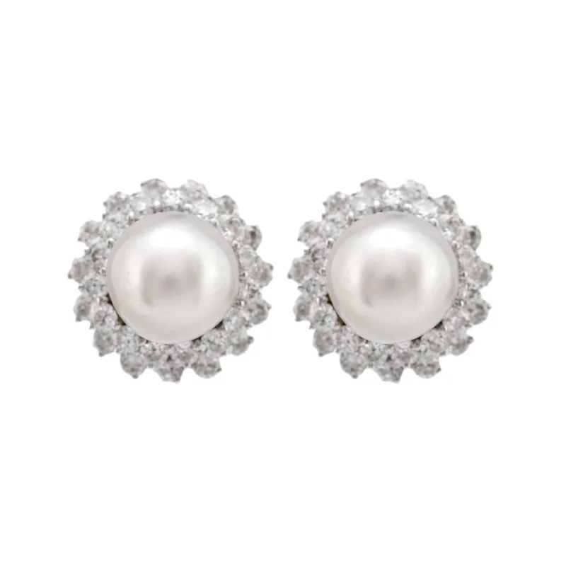 Breezy drop earrings-Mid Century South Sea Pearl 7 Carat Total Weight Diamond Platinum Cluster Studs