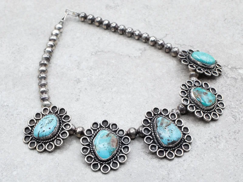 Faith charm necklaces-Sterling Silver Native American Squash Blossom Turquoise Statement Necklace