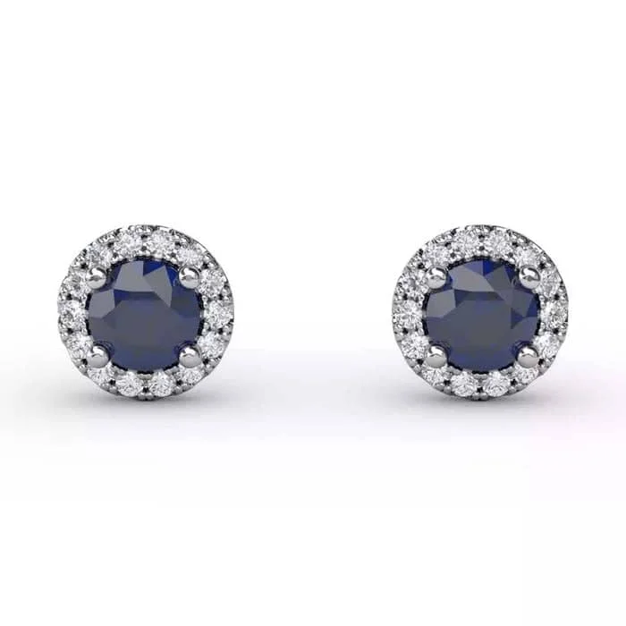 Lustrous silver earrings-Fana Sapphire and Diamond Halo Stud Earrings in 14K White Gold