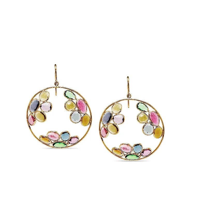 Straw style earrings-Multicolor Stone U/S Earring In 18K Yellow Gold