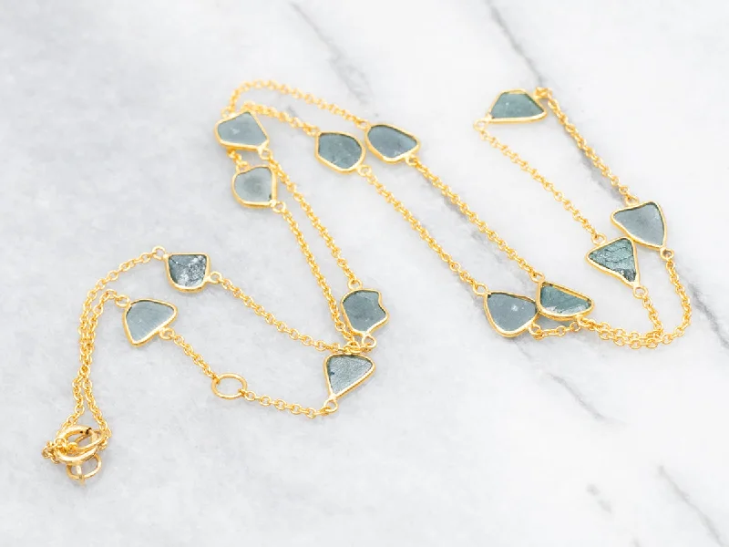 Sibling birthstone necklaces-Yellow Gold Blue Diamond Slice Station Necklace