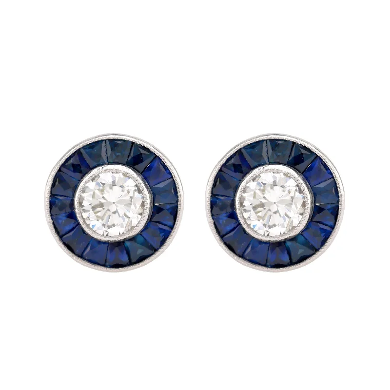 Playful pair earrings-Art Deco Inspired Diamond Sapphire Platinum Target Studs