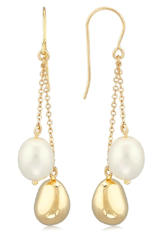 Seafoam theme earrings-Yellow Gold and Oval Freshwater Pearl Earrings