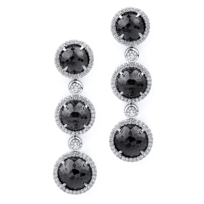 Woven cord earrings-Triple Drop Round Black Diamond Earrings