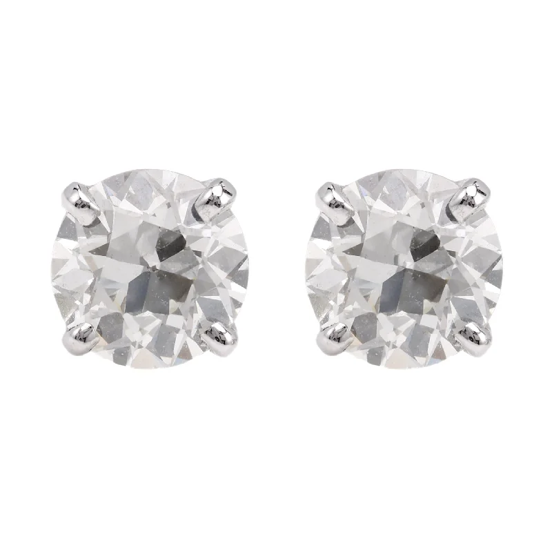 Tribal coin earrings-Vintage Old European Cut Diamond 14K White Gold Stud Earrings