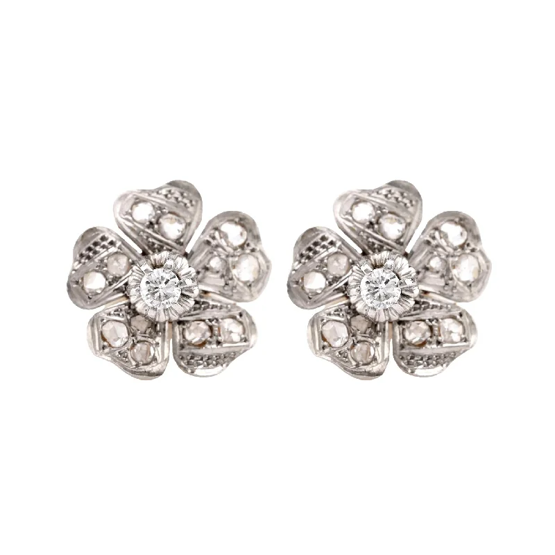 Wanderer weave earrings-Mid-Century Diamond 18K Yellow White Gold Flower Studs