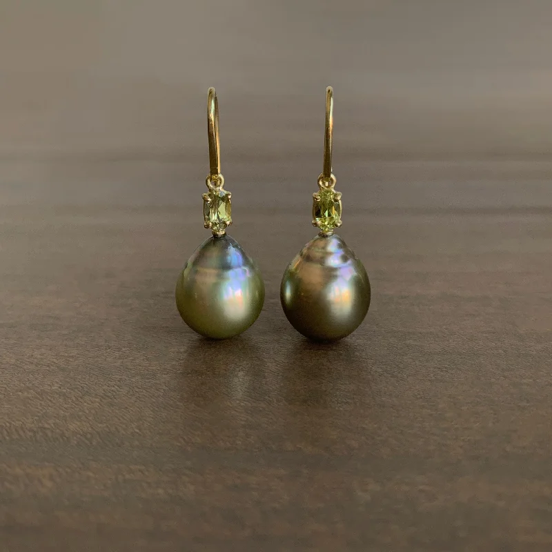 Flat medallion earrings-Pistachio Tahitian Pearl Earrings with Chrysoberyl