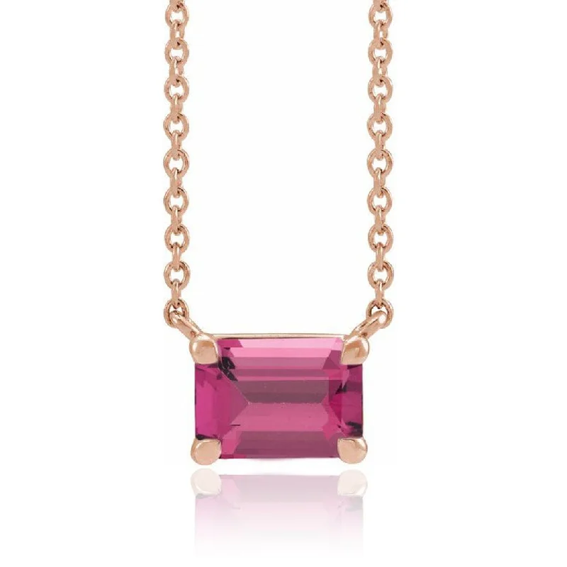 Root design necklaces-Emerald Cut Pink Tourmaline  Prong Set Pendant Necklace