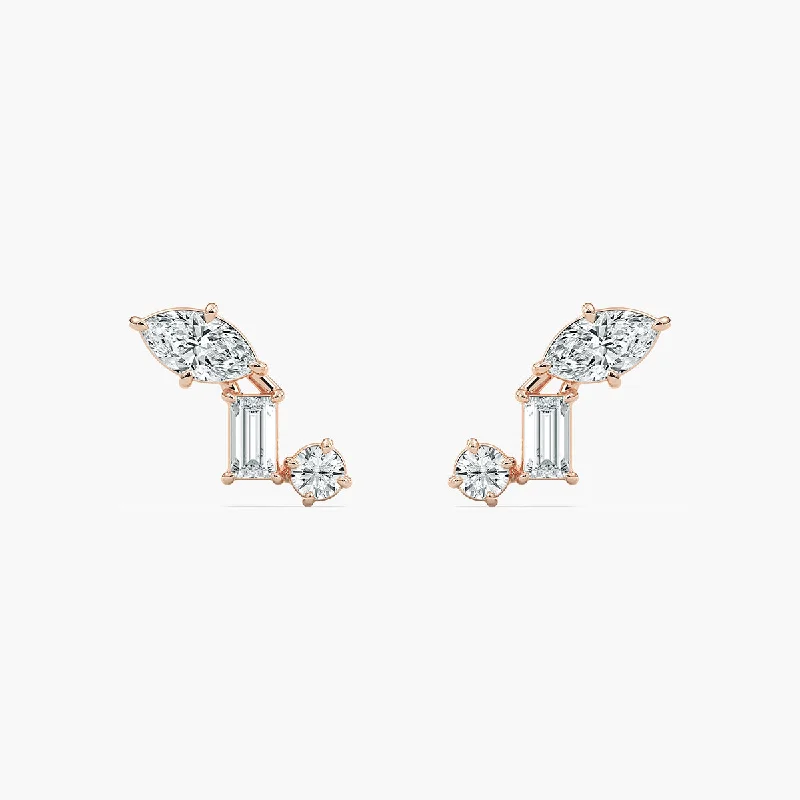 Bright gem earrings-Three-Stone Stud Earrings - Marquise, Baguette and Round