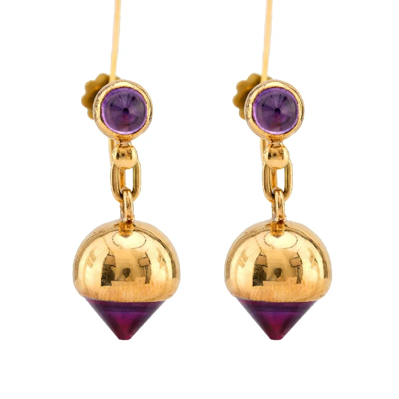 Tiny star earrings-Vintage Cabochon Amethyst 18K Yellow Gold Earrings