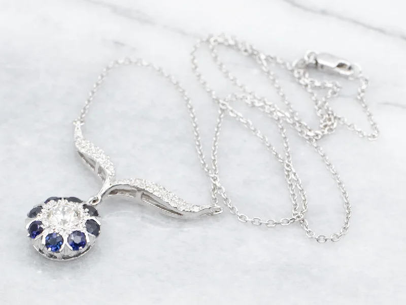 Braided tribal necklaces-Modern European Cut Diamond and Sapphire Halo Necklace