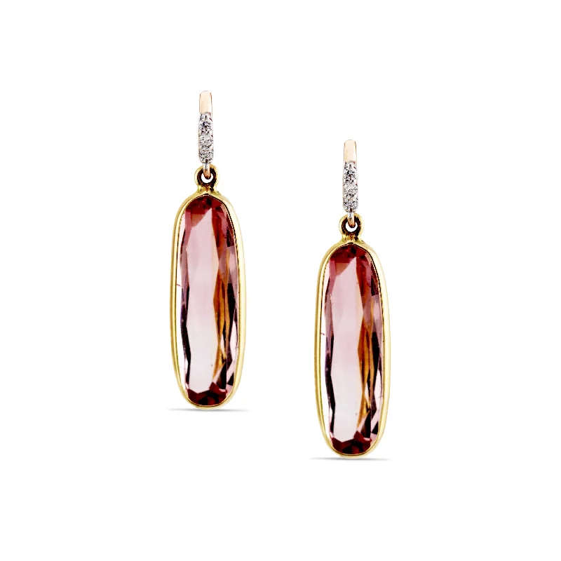 Playful pair earrings-Pink Tourmaline Rectangle & Diamond Earring In 18K Yellow Gold