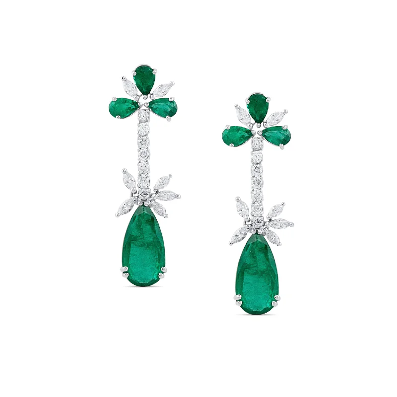 Wanderer weave earrings-Emerald P/S & Diamond Earring In 18K White Gold