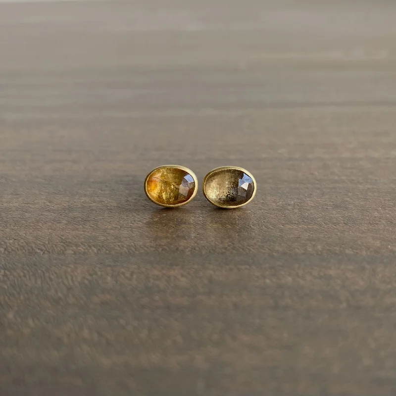 Rich statement earrings-Oval Peachy Citrus Sapphire Studs