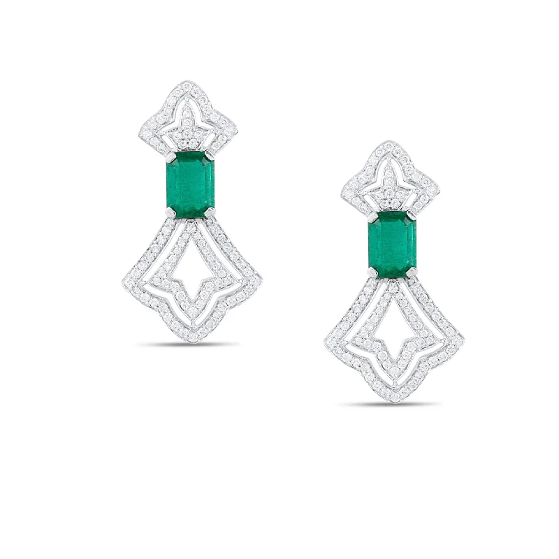 Bali tile earrings-Emerald Rect. & Diamond Earring In 18K White Gold