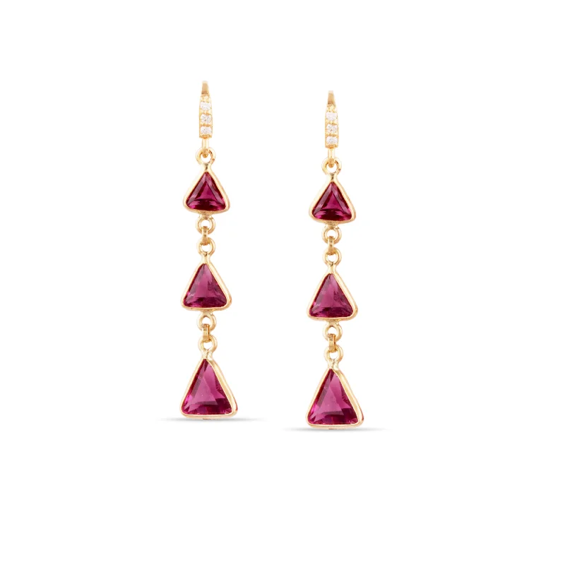 Tiny heart earrings-Pink Tourmaline Triangle Earring In 18K Yellow Gold