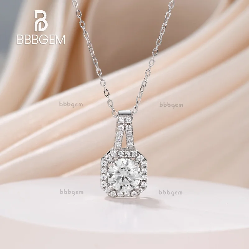 Yarn fringe necklaces-14K White Gold Pave Halo Solitaire Asscher Shape Round Cut Moissanite Dangling Drop Pendant Necklace Women's Gift