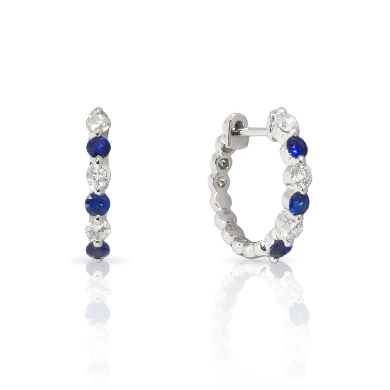 Lustrous druzy earrings-Sapphire and Diamond Huggie Hoop Earrings