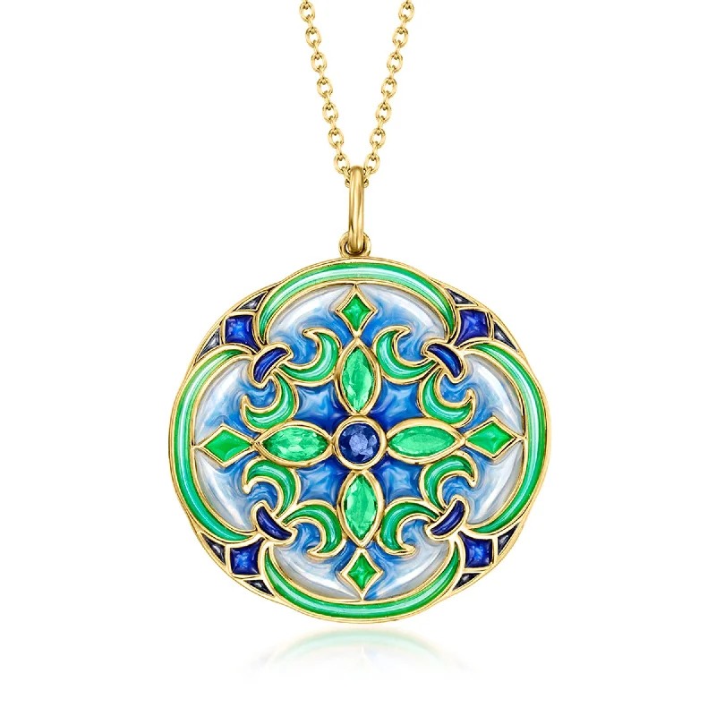 Regal diamond necklaces-Ross-Simons Emerald and . Sapphire Pendant Necklace With Blue and Green Enamel in 18kt Gold Over Sterling