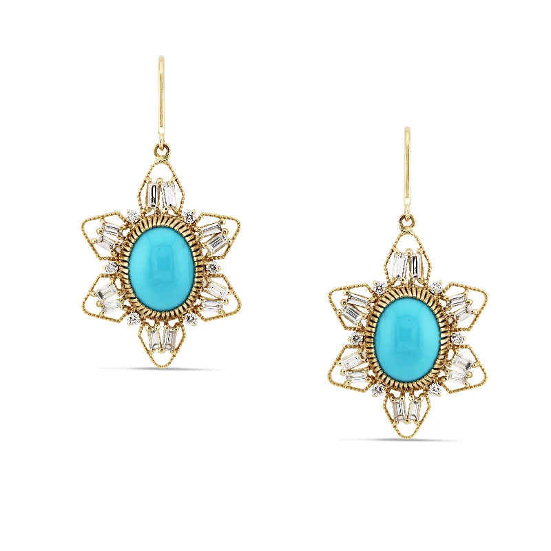 Breezy drop earrings-Turquoise Oval & Diamond Earring In 18K Yellow Gold