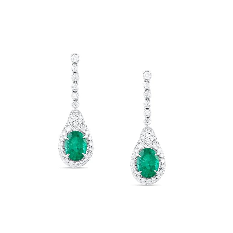 Andalusite earrings-Emerald Oval & Diamond Earring In 18K White Gold