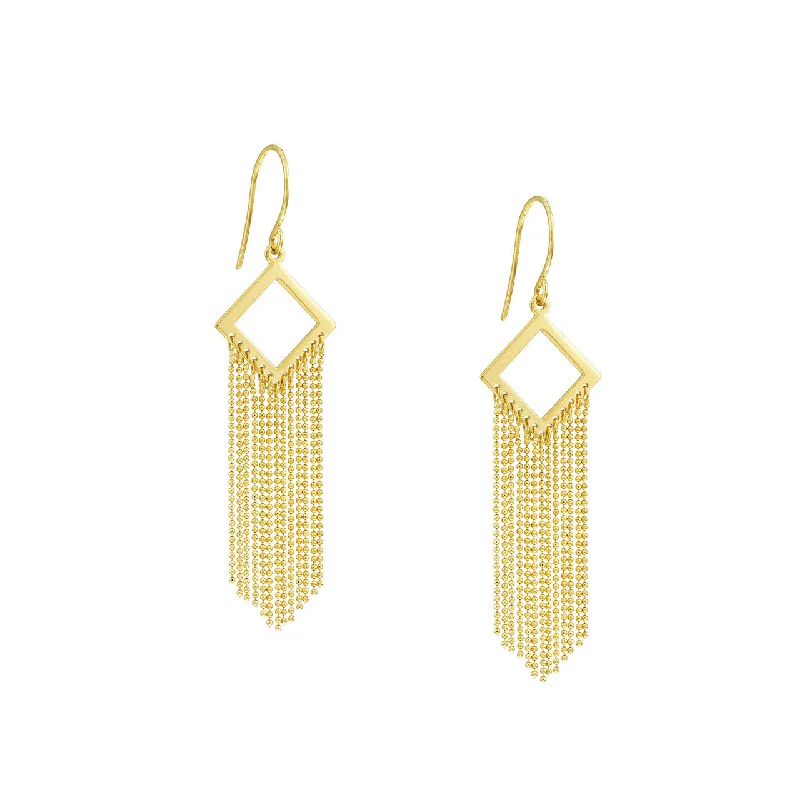 Wanderer feather earrings-14K Gold Diamond-Shaped Earrings with Fringe Chain