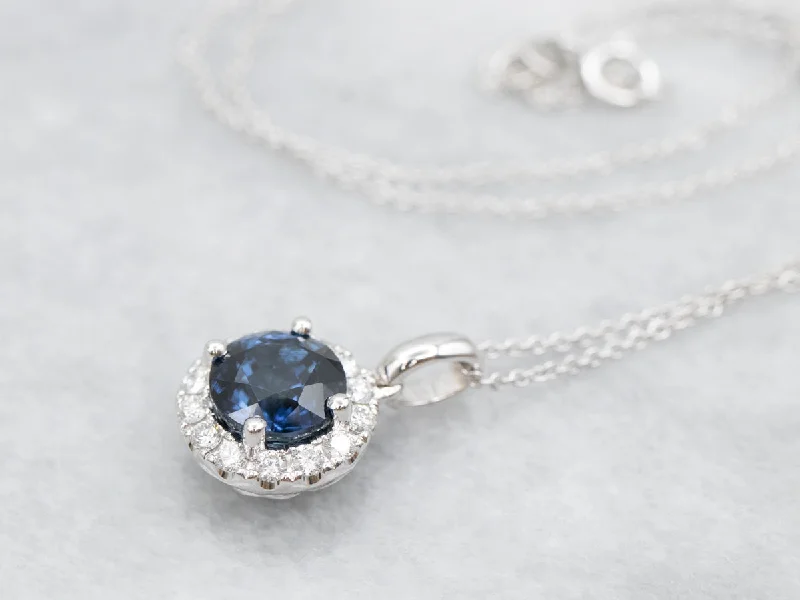 Fine-line necklaces-Sapphire and Diamond Halo Pendant Necklace