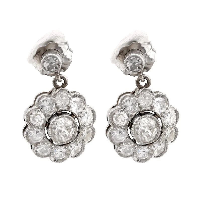 Retro jazz earrings-Art Deco Inspired Diamond Platinum Cluster Drop Earrings