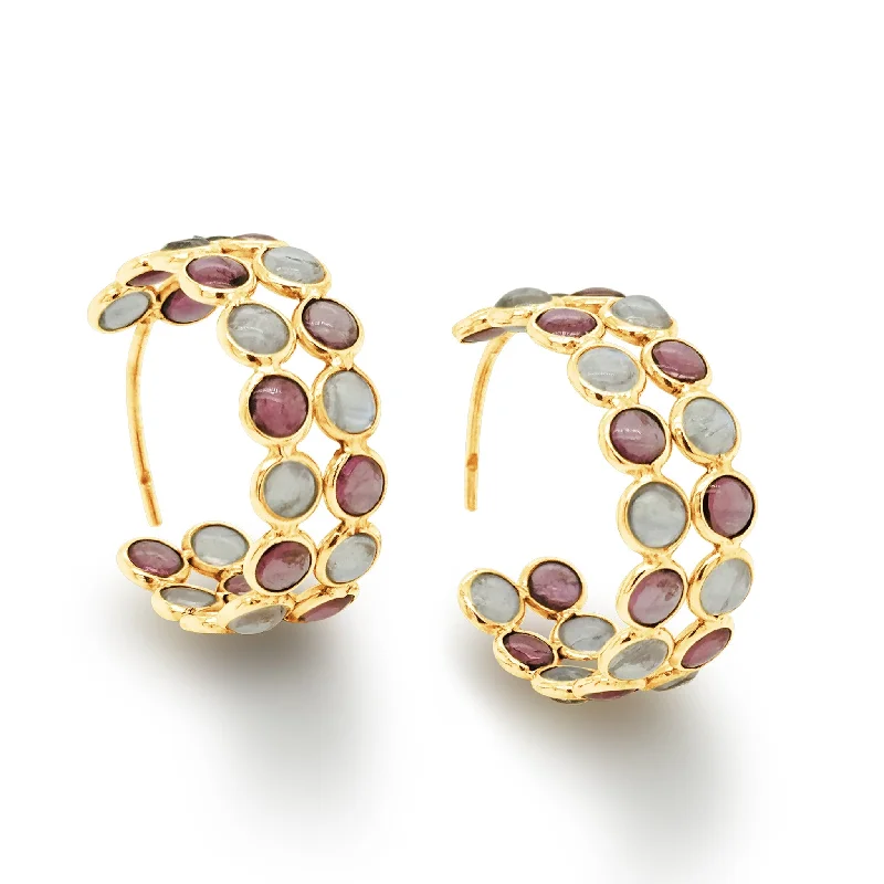 Lustrous silver earrings-Rainbow Moonstone  & Tourmaline Hoop Earring In 18K Yellow Gold