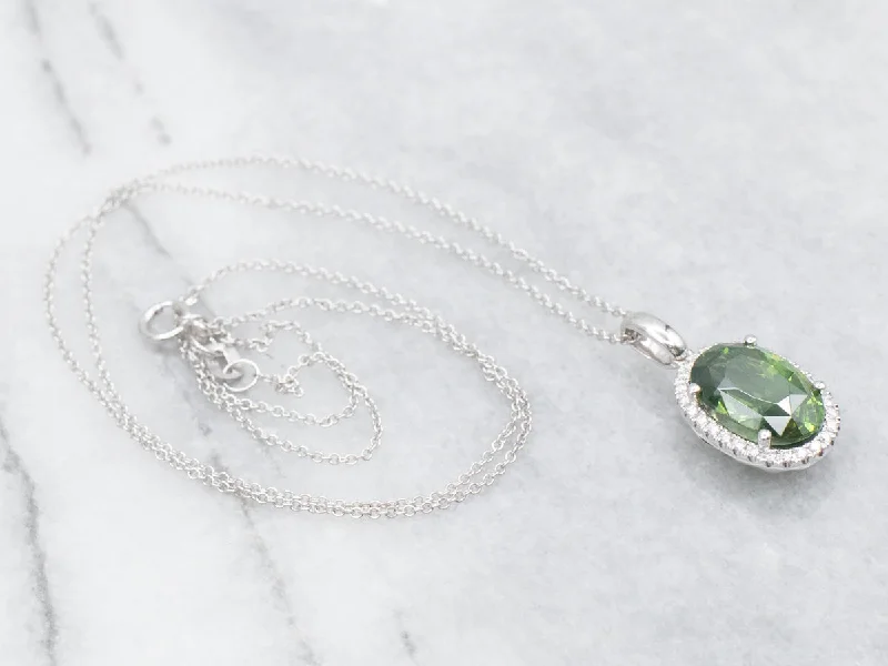 Robust chain necklaces-Green Zircon and Diamond Halo Pendant Necklace