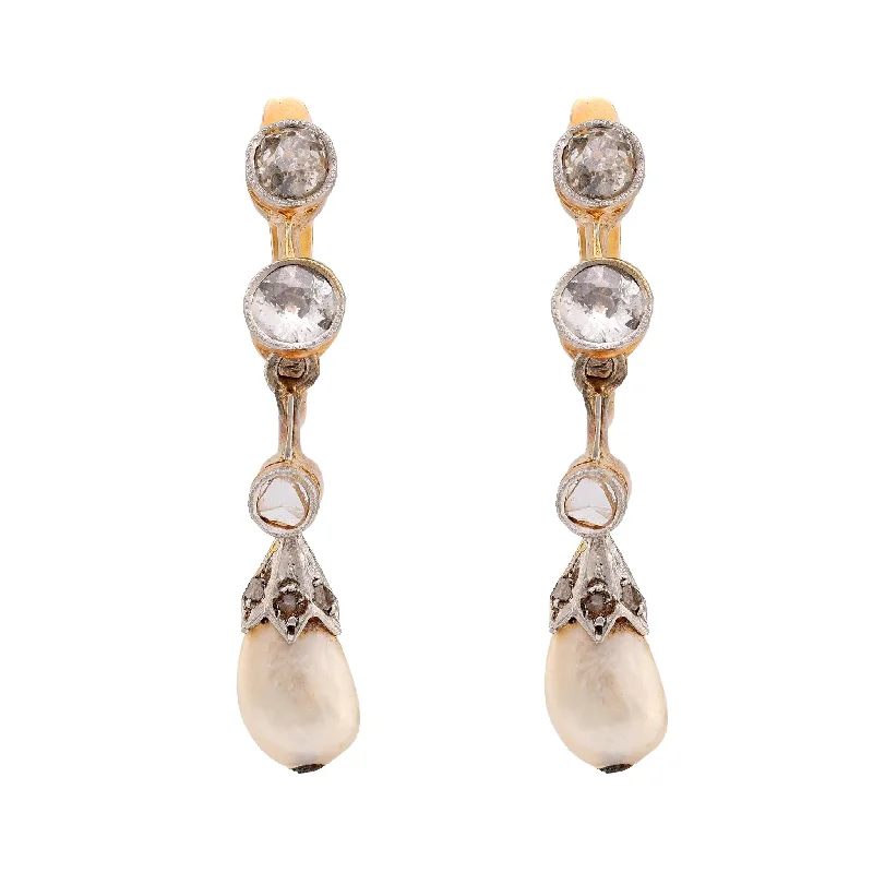 Clear star earrings-Antique natural pearl old cut diamond 18k yellow gold drop earrings