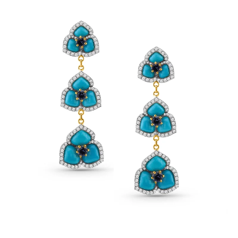 Lustrous druzy earrings-Turquoise Tabiz Shape, Blue Sapphire Round & Diamond Earring In 18K Yellow Gold