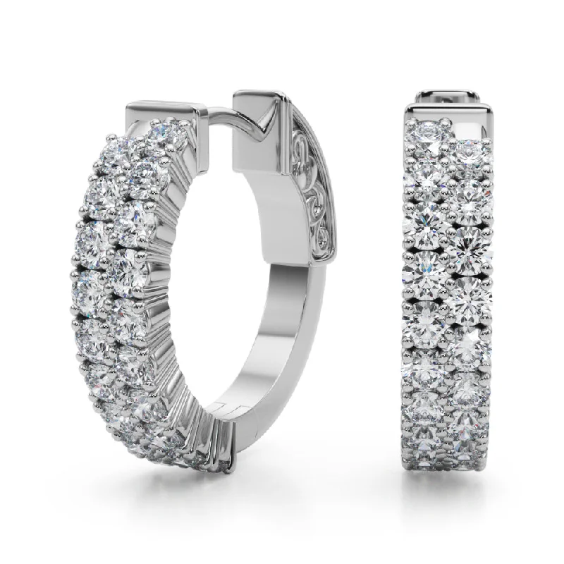 Thick hoop earrings-14K Double Row Vault Lock Diamond Earring Hoops