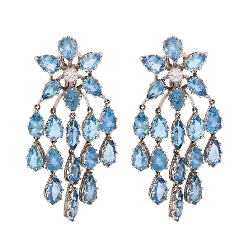 Bold hoop earrings-Mid Century inspired 14 carat aquamarine diamond chandelier earrings