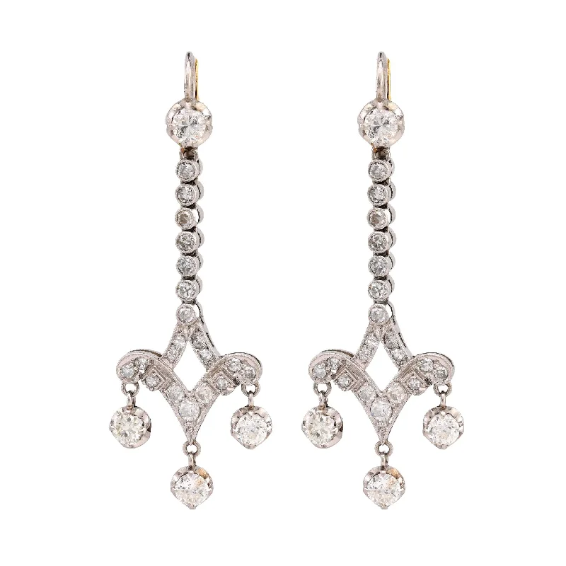 Fine dot earrings-Art Deco inspired 3 carat total weight diamond platinum drop earrings