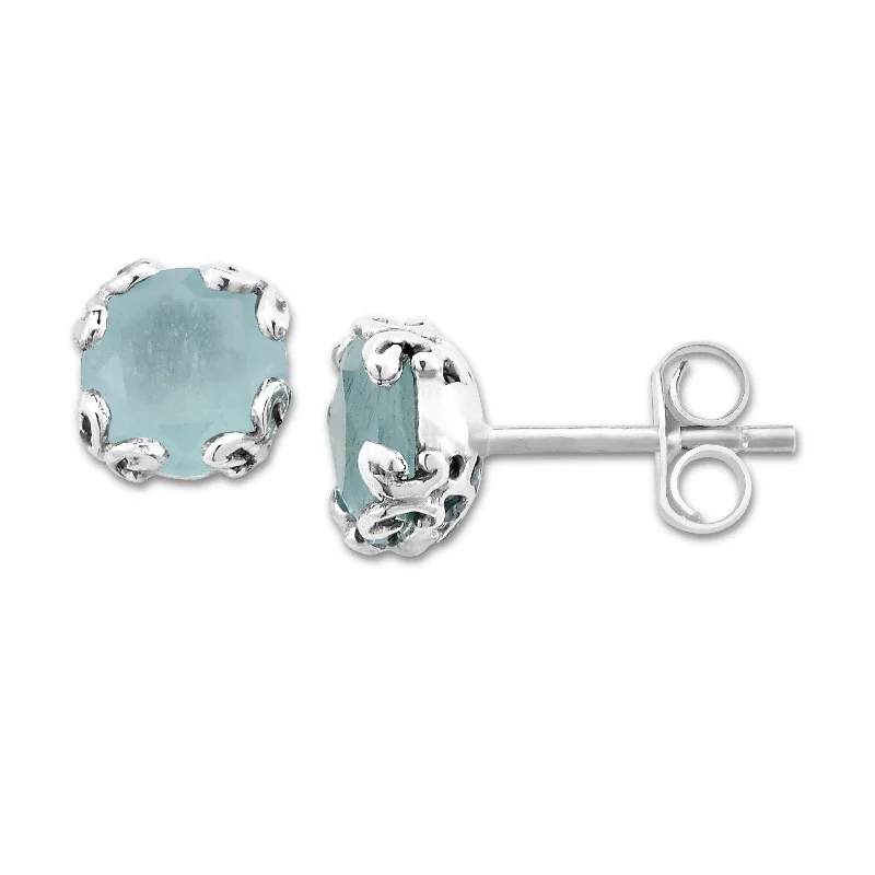 Dual-face earrings-Sterling Silver Aquamarine Stud Earrings