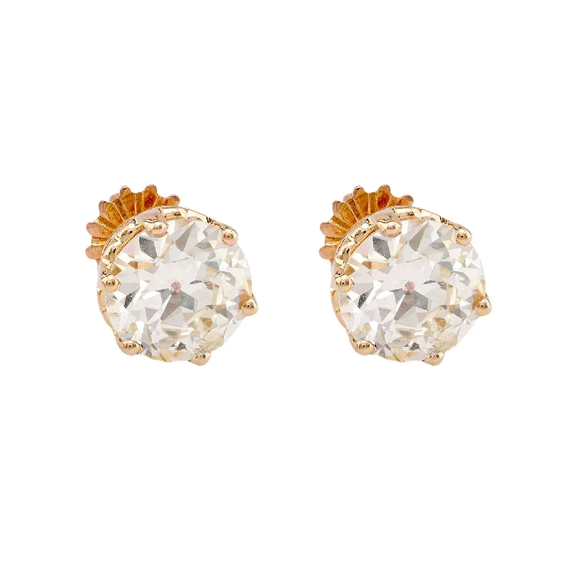 Dual-face earrings-Retro GIA 3.96 Carat Diamond Total Weight 18K Yellow Gold Studs