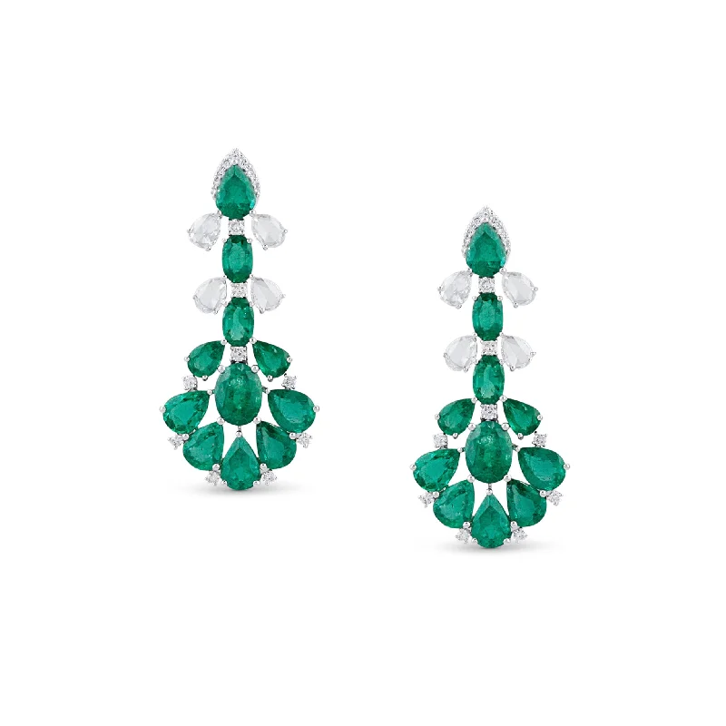 Cotton thread earrings-Emerald & Diamond Earring In 18K White Gold