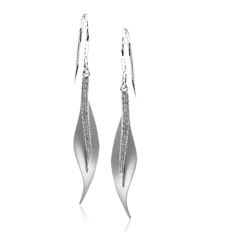 Thin hoop earrings-18K White Gold Diamond Leaf Earrings