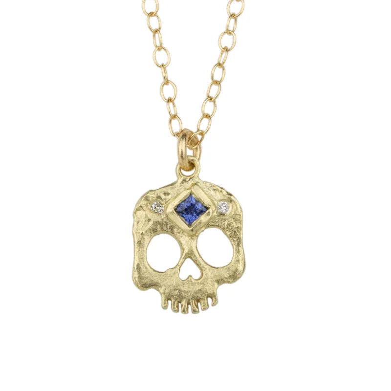 Aquamarine drop necklaces-Third Eye Skull Sapphire Necklace