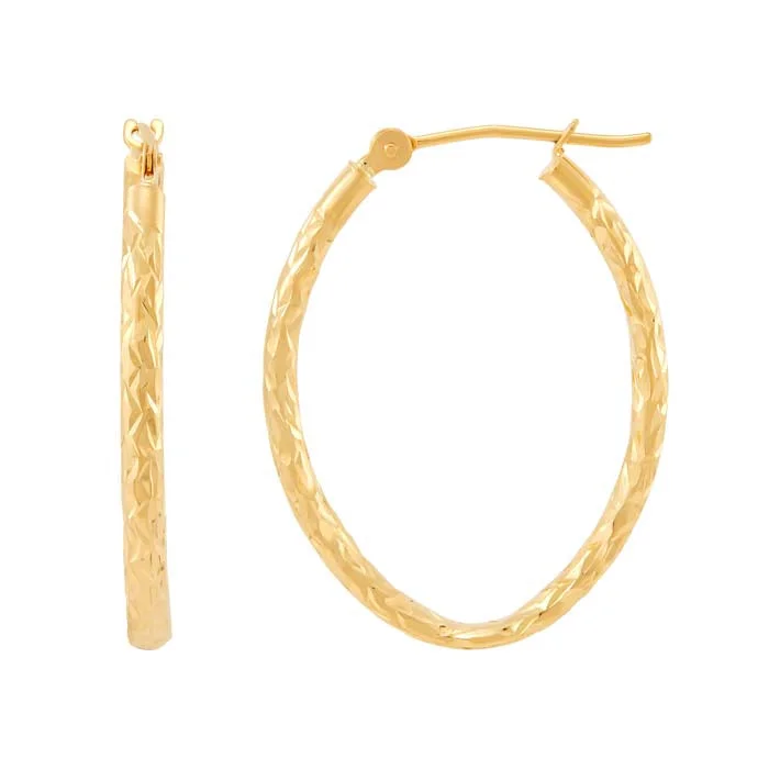 Root pattern earrings-Mountz Collection Diamond Cut 2mm x 25mm x 20mm Oval Tube Hoop Earrings in 14K Yellow Gold